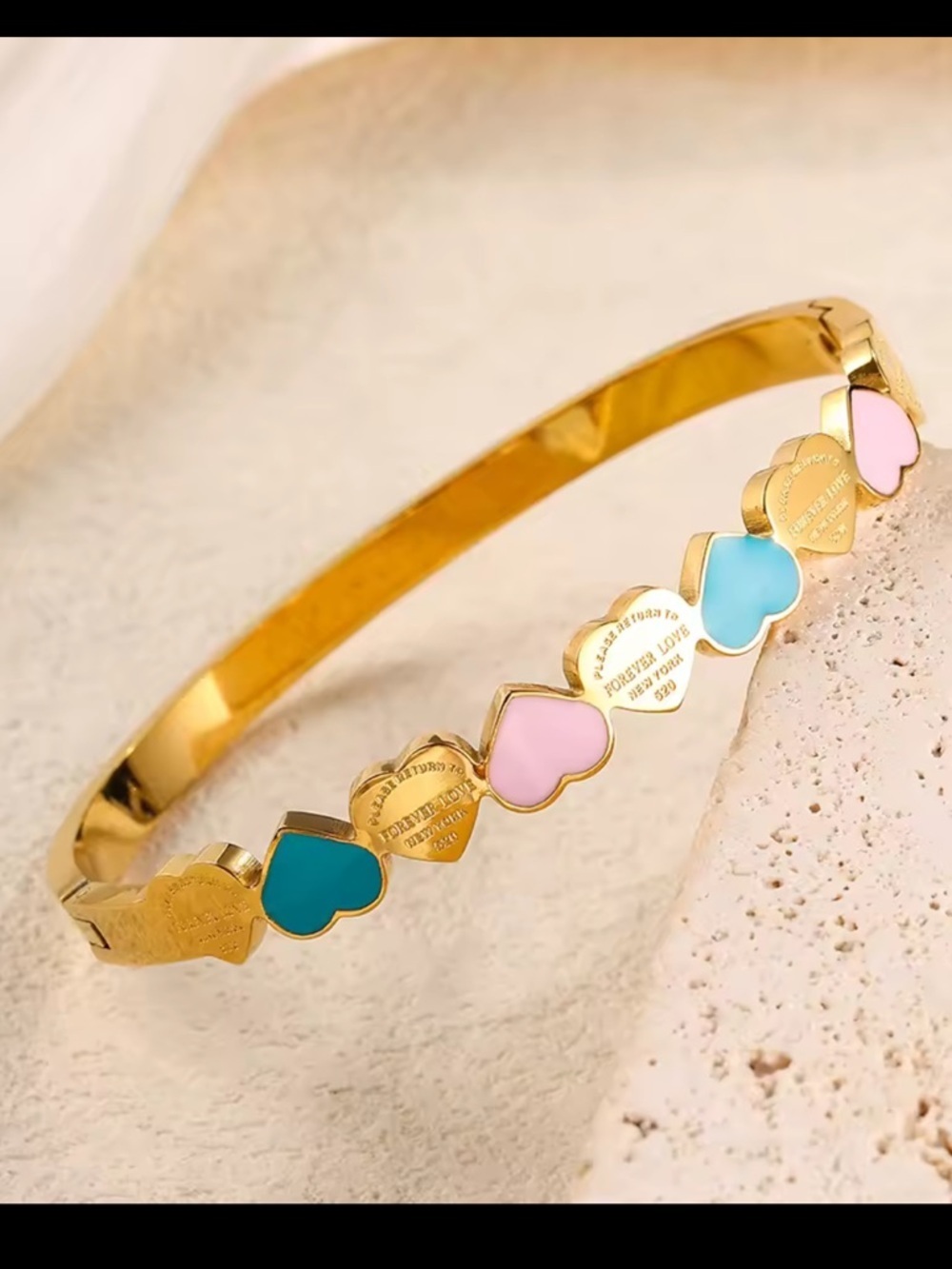 Luxury Gold Heart Enamel Bangle Set with Pink & Blue Accents - Picture 5 of 7